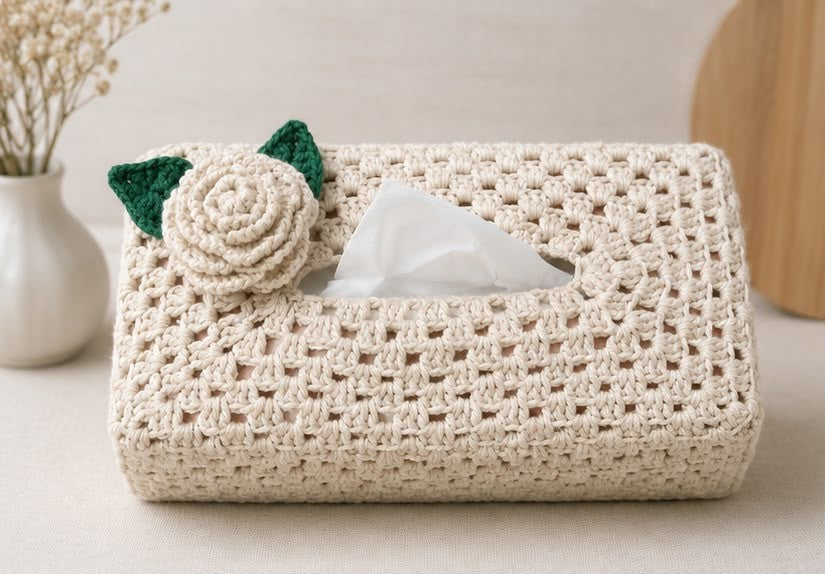 Cream & Green Crochet Tissue Box Cover