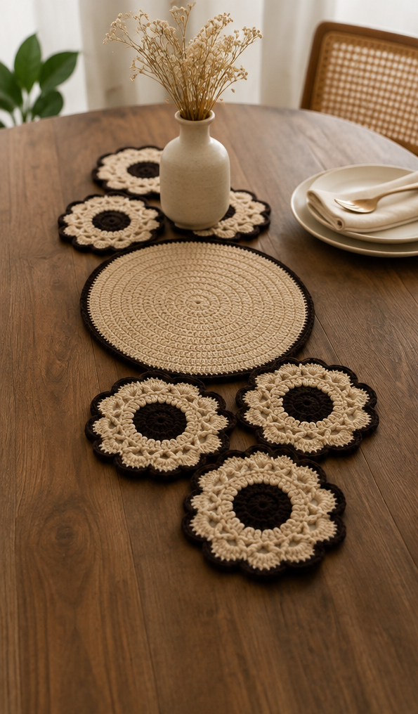 Beige & Brown Crochet Mandala Table Runner
