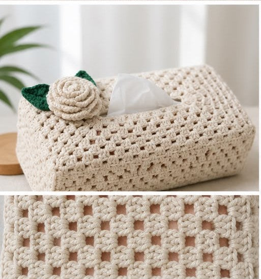 Cream & Green Crochet Tissue Box Cover