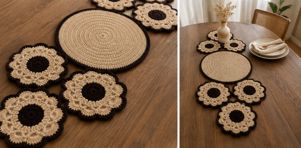 Beige & Brown Crochet Mandala Table Runner