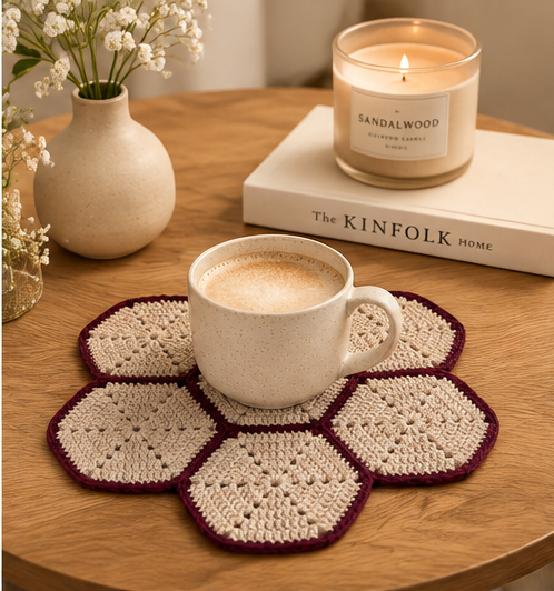 Beige & Burgundy Crochet Flower Table Mat