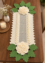 Cream & Green 3D Rose Crochet Table Runner