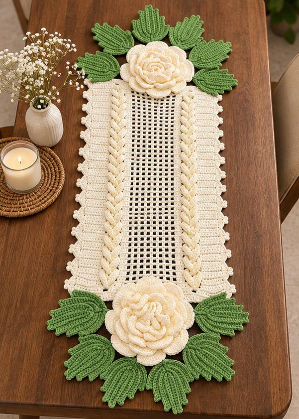 Cream & Green 3D Rose Crochet Table Runner