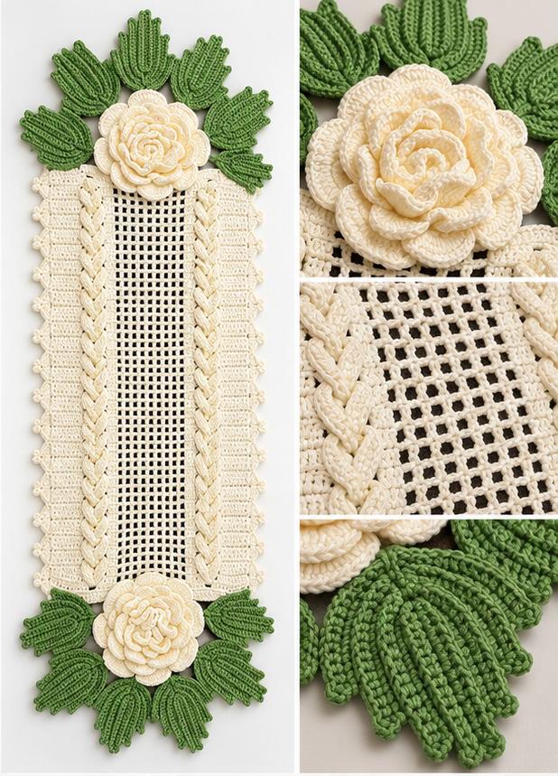 Cream & Green 3D Rose Crochet Table Runner
