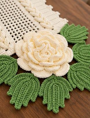 Cream & Green 3D Rose Crochet Table Runner