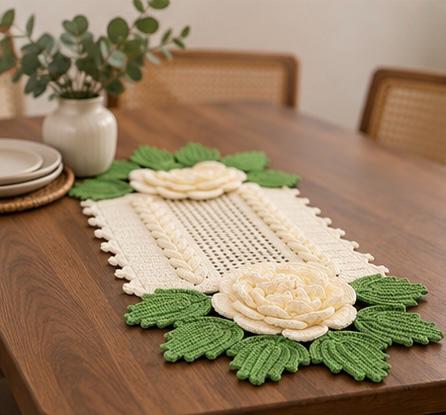 Cream & Green 3D Rose Crochet Table Runner