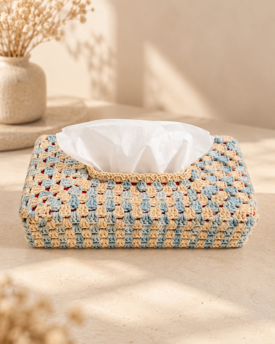 Blue & Beige Crochet Tissue Box Cover