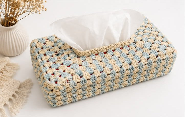 Blue & Beige Crochet Tissue Box Cover