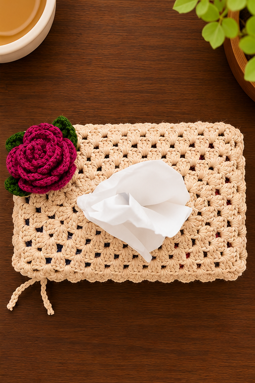 Beige Crochet Tissue Box Cover with Rose