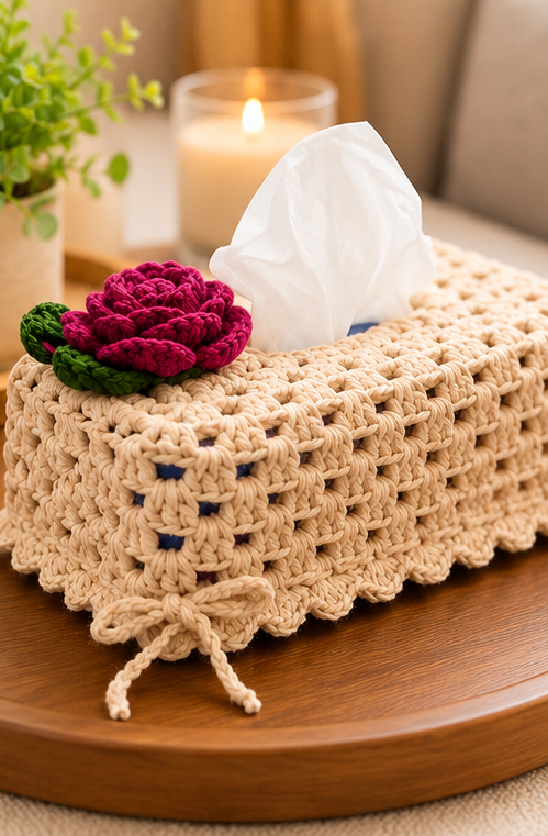 Beige Crochet Tissue Box Cover with Rose