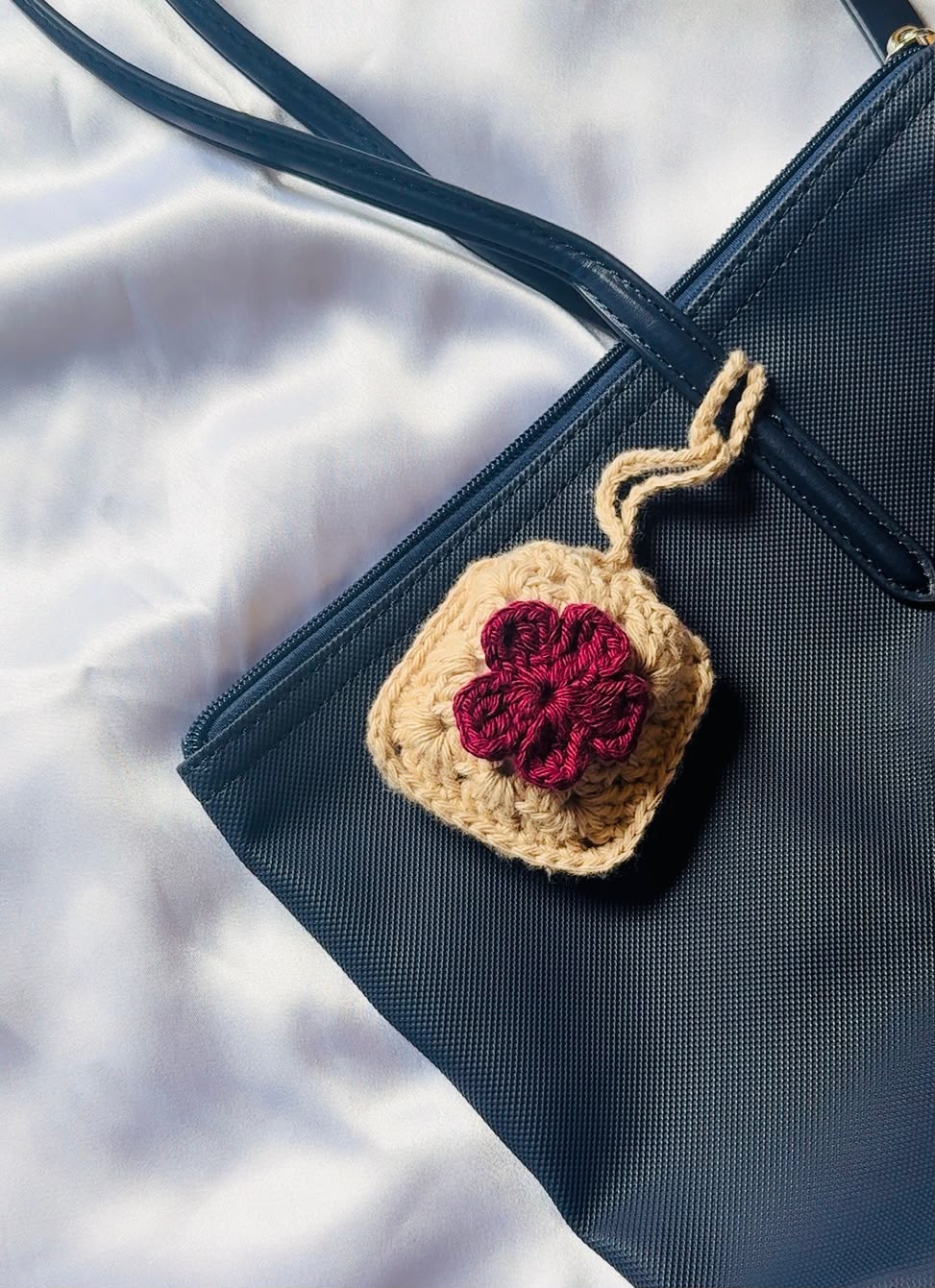 Beige Crochet AirPods Pouch with Burgundy Flower
