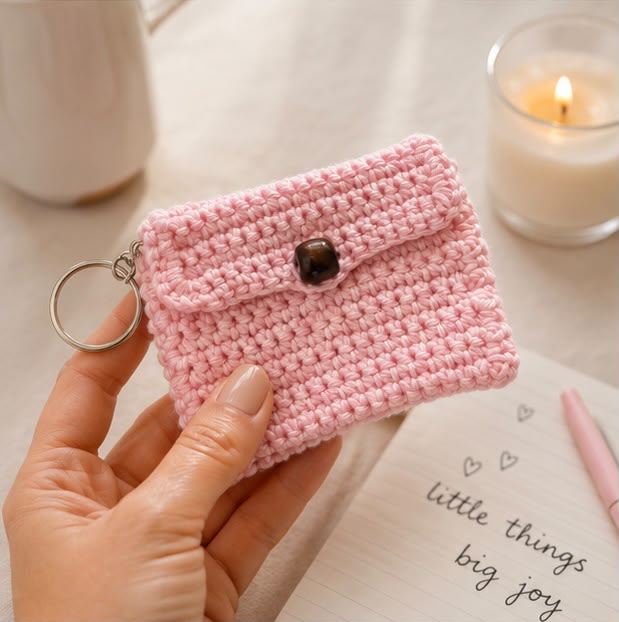 Pink Crochet Coin Purse Keychain