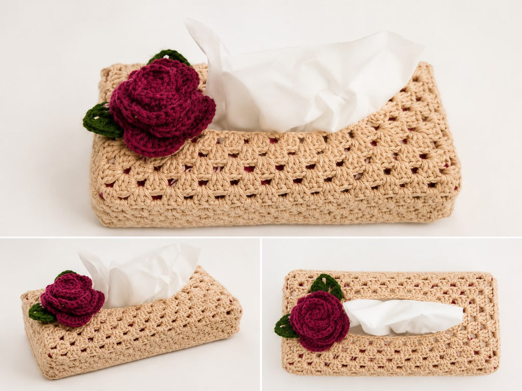 Beige Crochet Tissue Box Cover with Rose