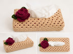Beige Crochet Tissue Box Cover with Rose