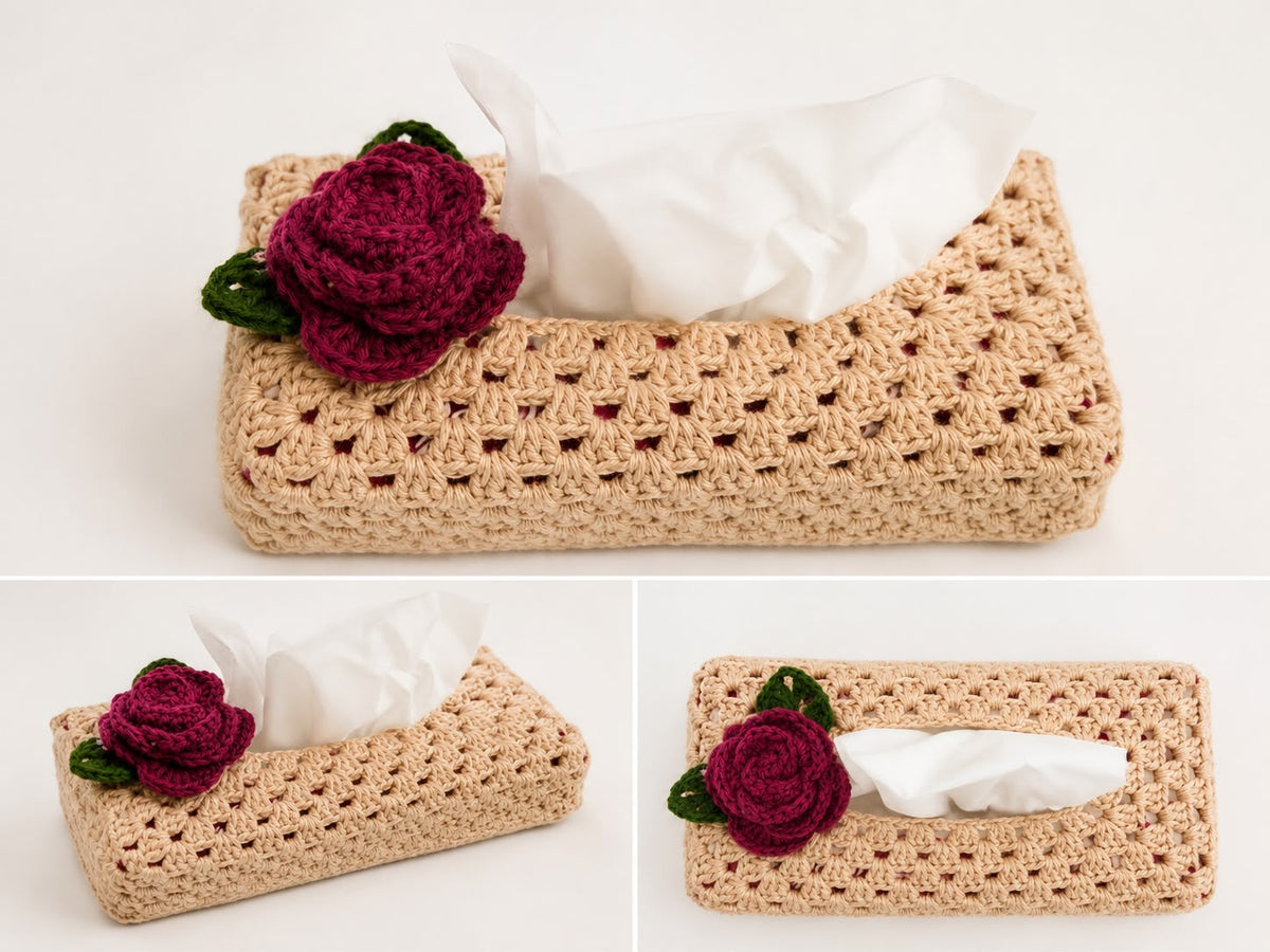 Beige Crochet Tissue Box Cover with Rose