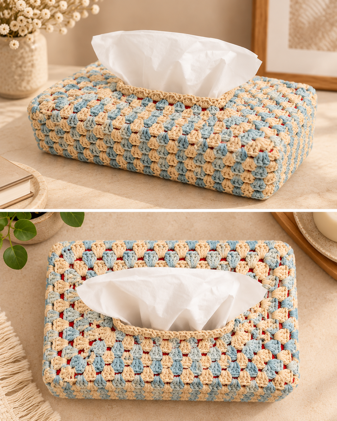 Blue & Beige Crochet Tissue Box Cover