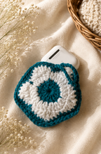 Teal & White Crochet Earphone Case