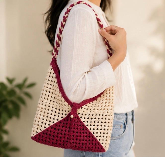 Beige & Burgundy Crochet Shoulder Bag