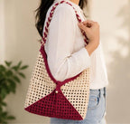 Beige & Burgundy Crochet Shoulder Bag