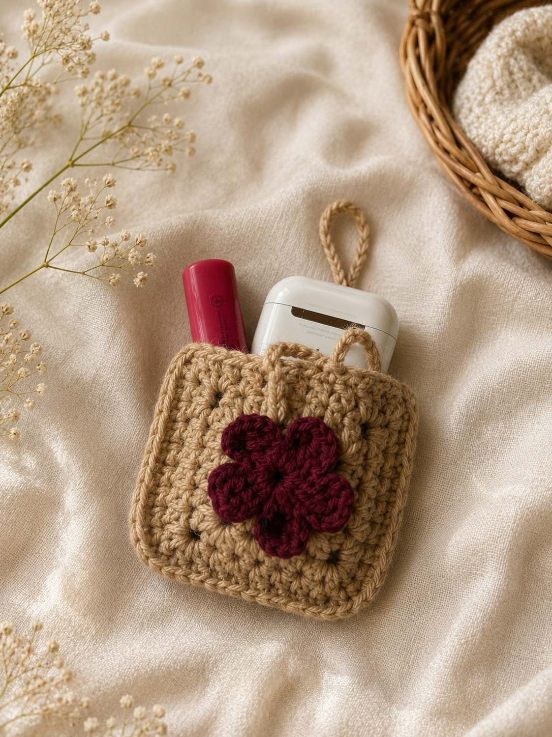 beige-burgundy-crochet-flower-bag-charm-mini-pouch