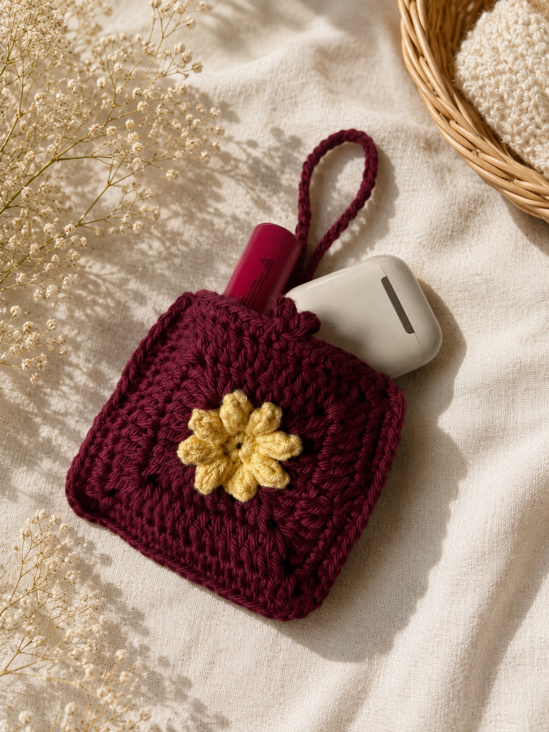 burgundy-yellow-crochet-flower-bag-charm-mini-pouch